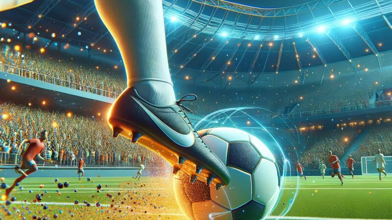 Imagem de um jogador de futebol chutando uma bola de futebol em um campo dentro de um estádio. Ao redor da bola, há sinais que correlacionam futebol com tecnologia