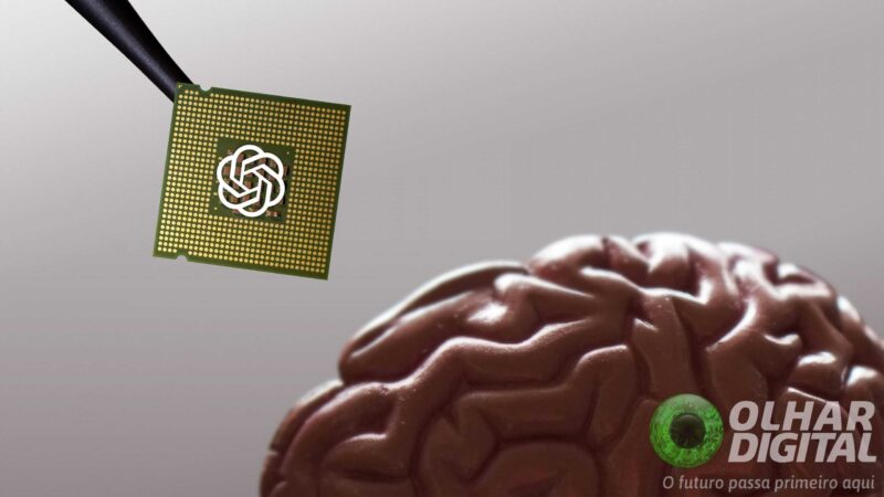 Ilustração de pessoa segurando chip com logomarca da OpenAI perto de cérebro